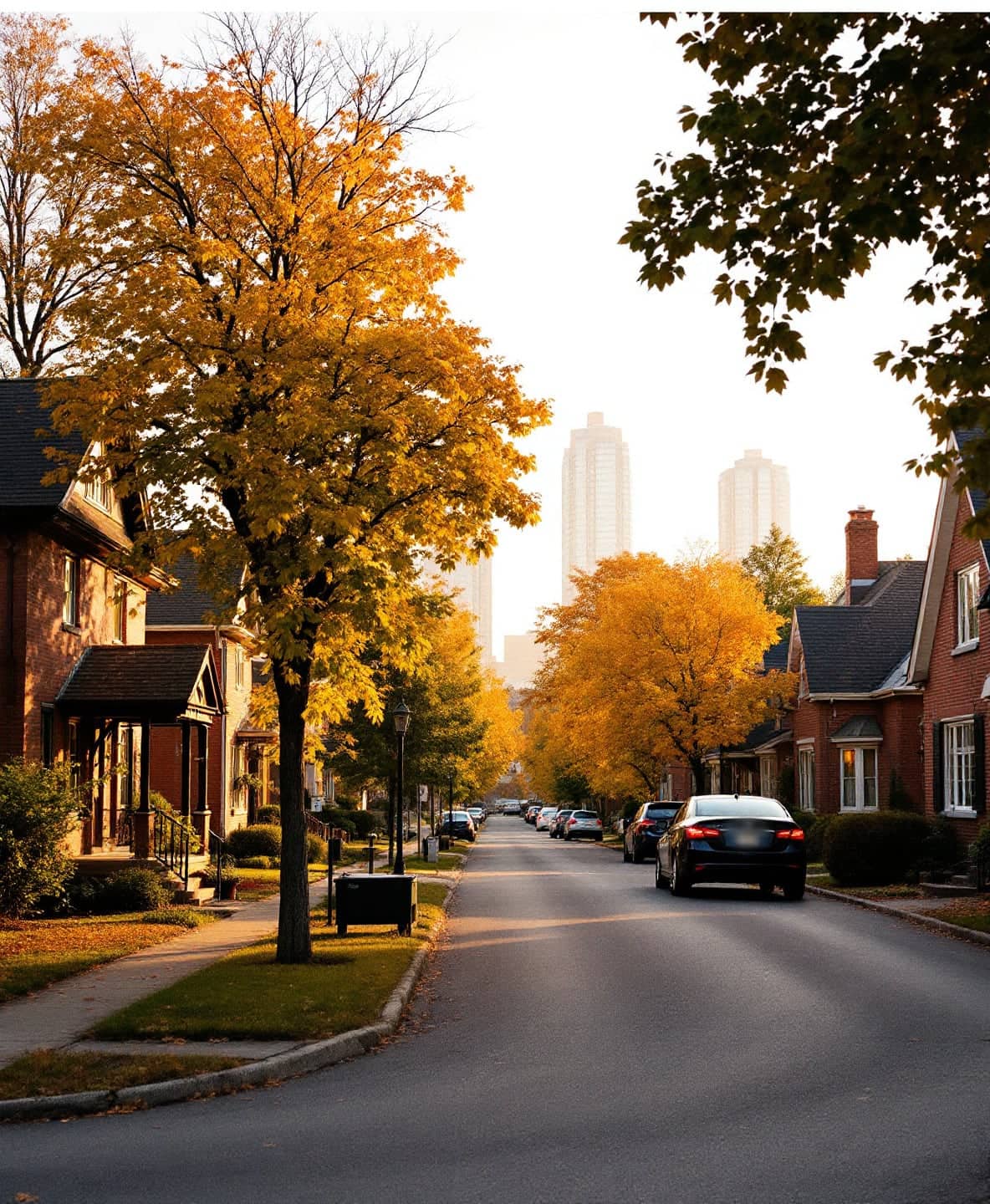 Tree-lined residential street with brick homes and condo towers in North York, Toronto, in autumn